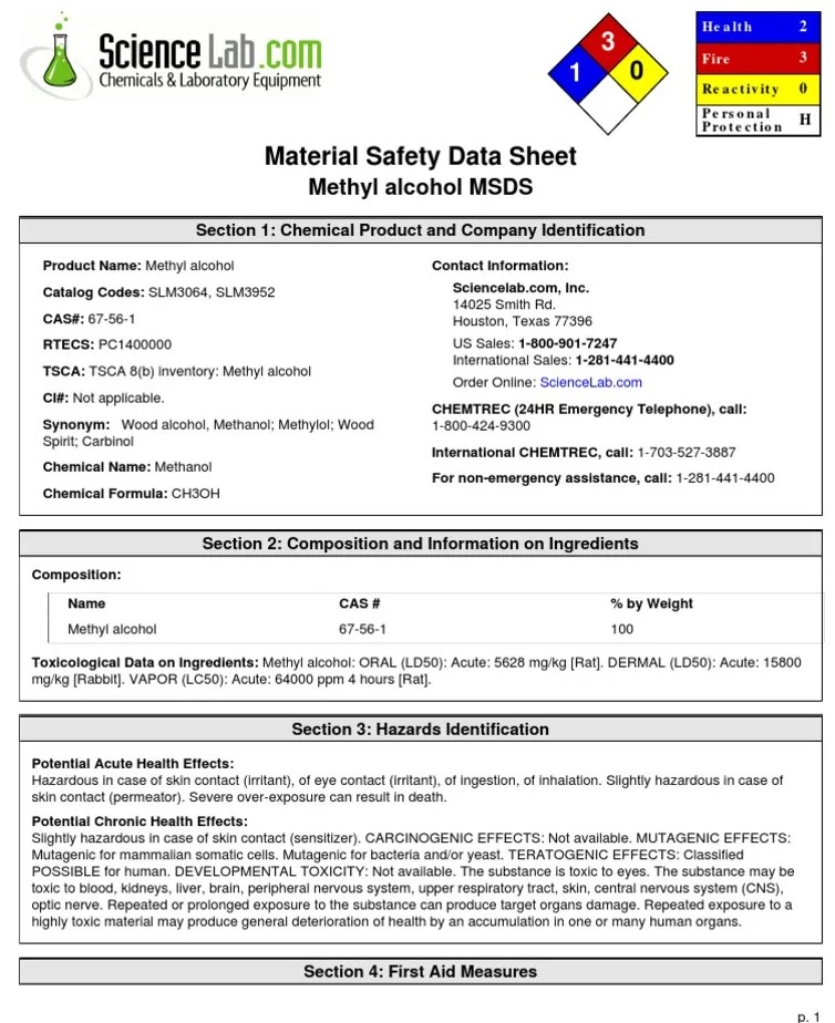 Methanol Safety Data Sheet Download
