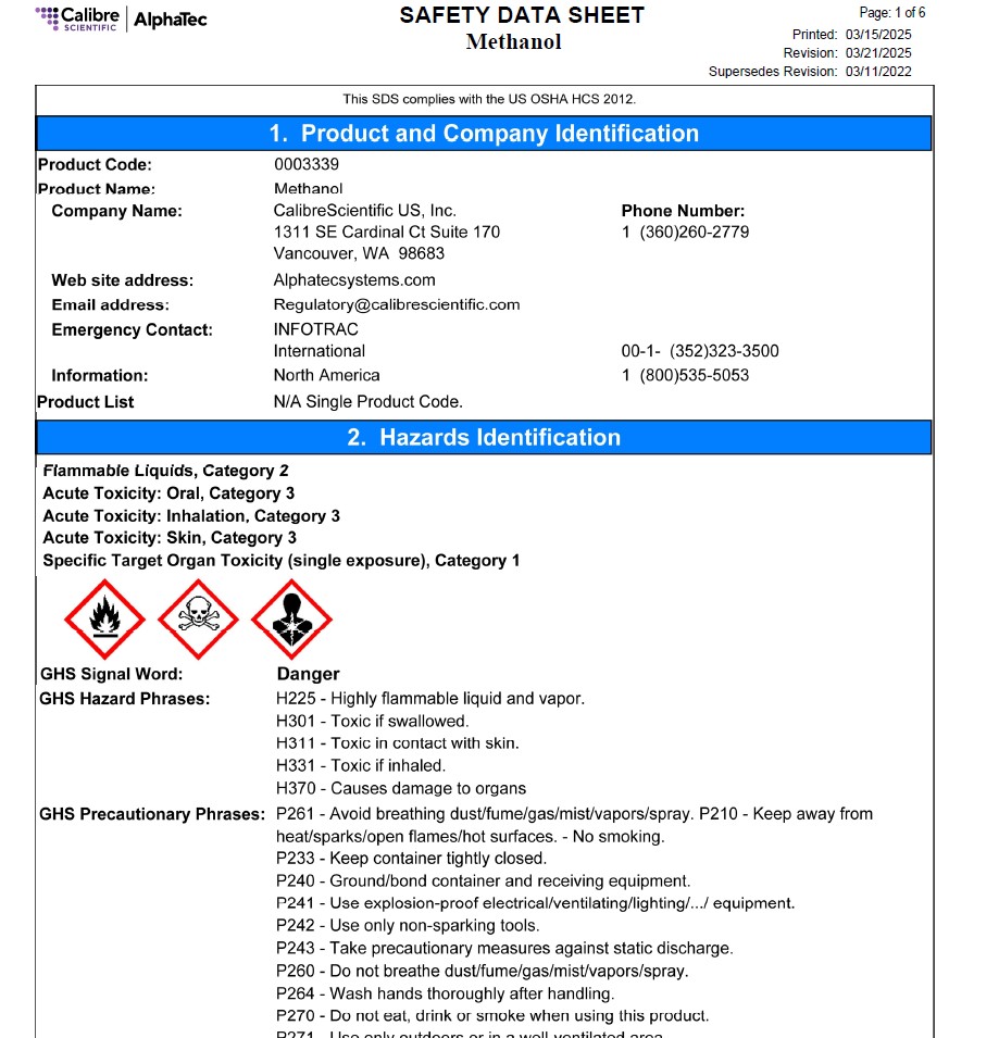 Safety Data Sheet Methanol